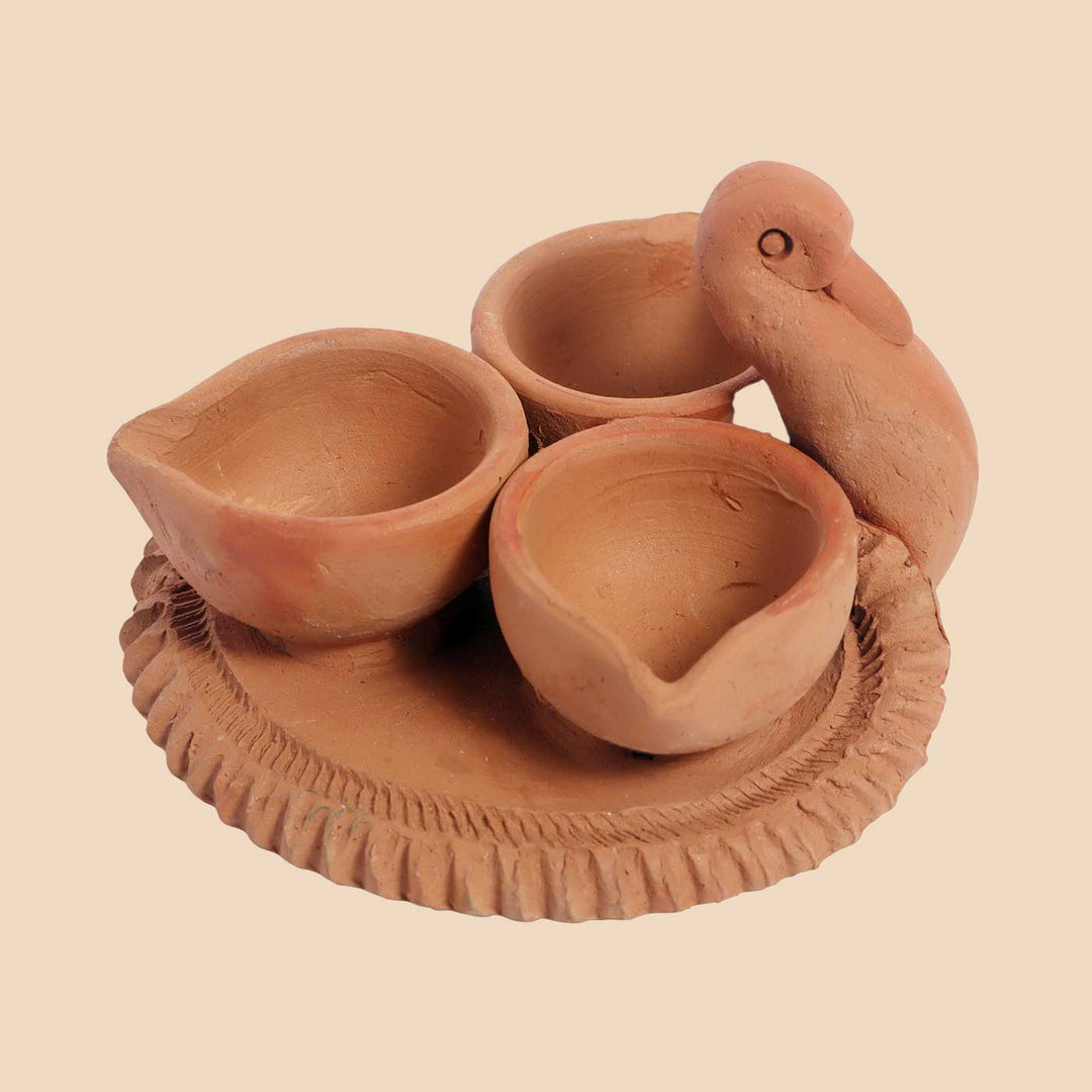 Handmade Raj-Hans Terracotta Holder with 3 Diyas