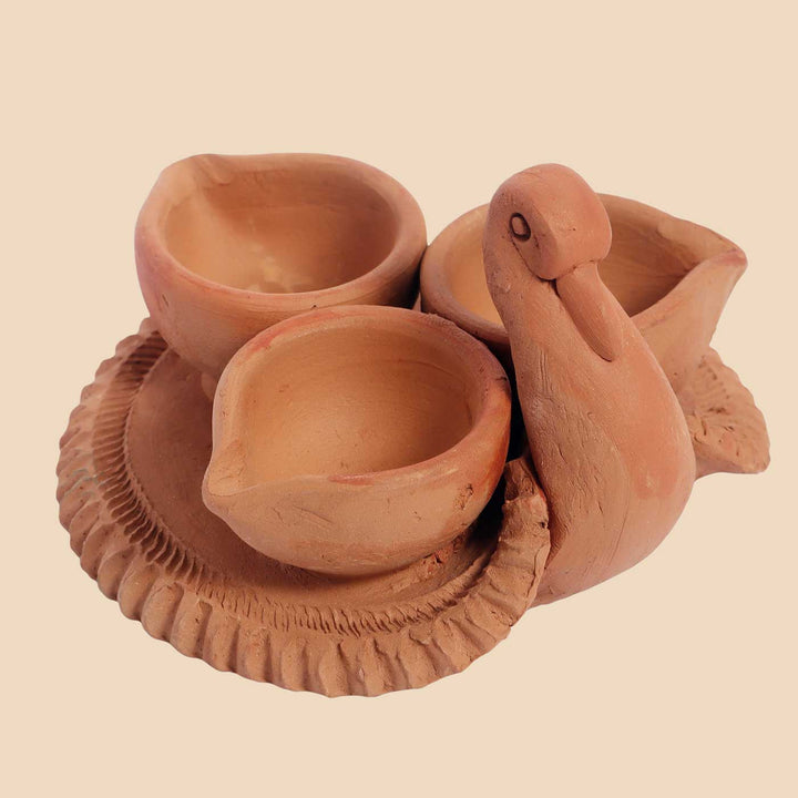 Handmade Raj-Hans Terracotta Holder with 3 Diyas