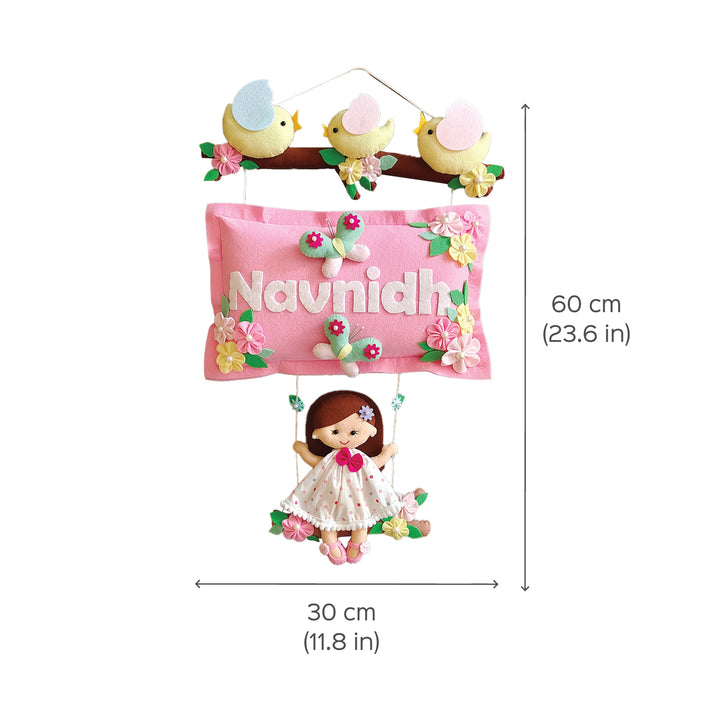 Hand-stitched Pillow & Bird Themed Felt Kids Nameplate with Swing