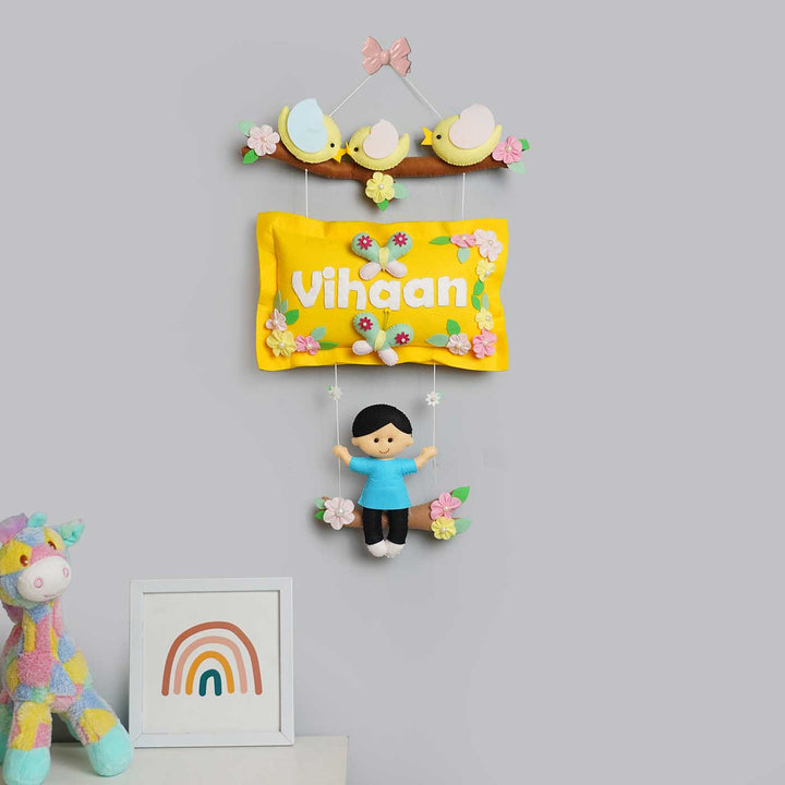 Hand Stitched Pillow Bird Themed Felt Kids Nameplate With Swing - Hanging Wall Decoration Display