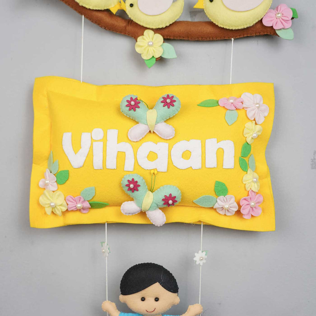 Hand Stitched Pillow Bird Themed Felt Kids Nameplate With Swing - Front View with Name Personalization