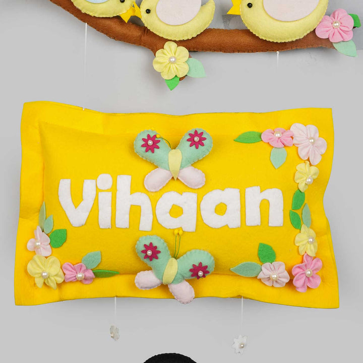 Hand Stitched Pillow Bird Themed Felt Kids Nameplate With Swing - Name Personalization Example Front View