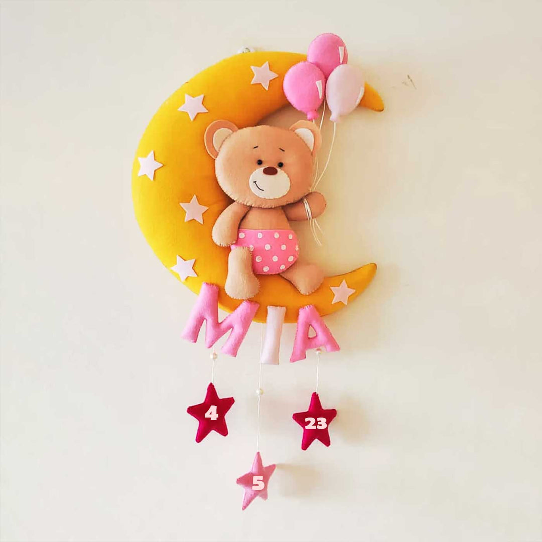 Hand-stitched Teddy Themed Felt Moon Nameplate with Birthdate For Kids