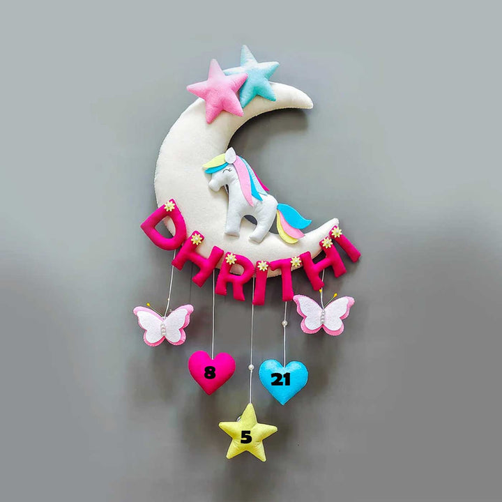 Hand-stitched Unicorn Themed Felt Moon Nameplate with Birthdate