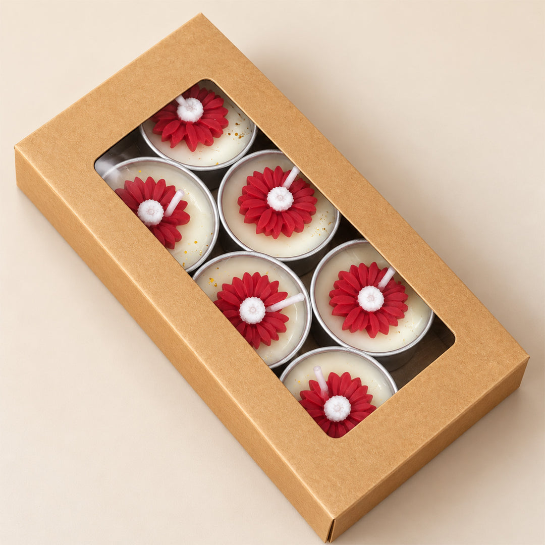 Set Of 6 | Handcrafted Scarlet Bloom Red Flower Embed Peony Blossom Scented Soy Wax Tealight Candles
