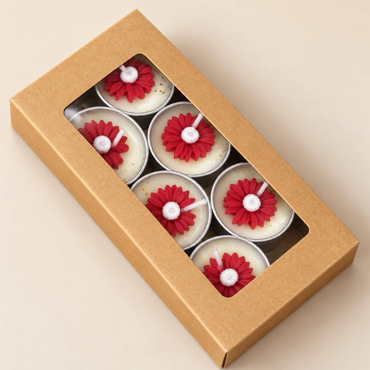 Set Of 6 | Handcrafted Scarlet Bloom Red Flower Embed Peony Blossom Scented Soy Wax Tealight Candles