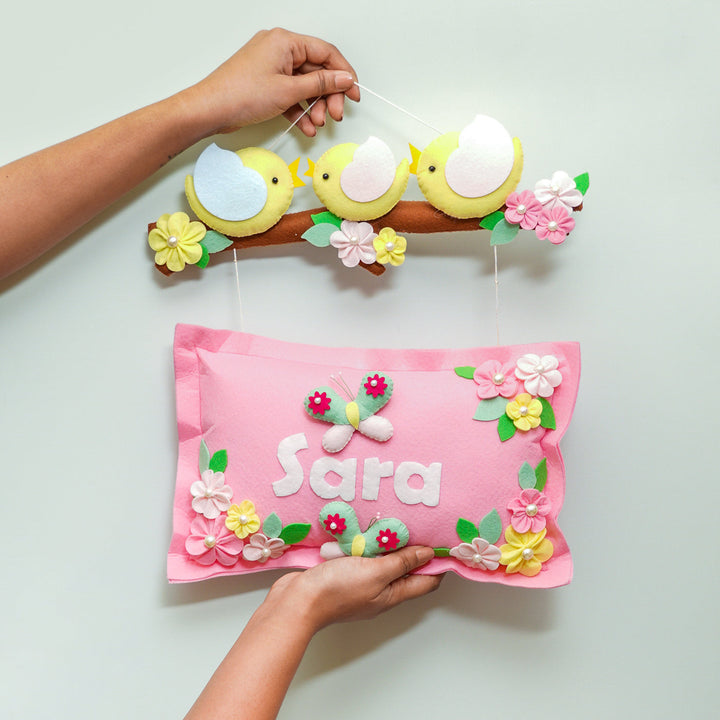 Hand-stitched Pillow & Bird Themed Felt Kids Nameplate with Swing