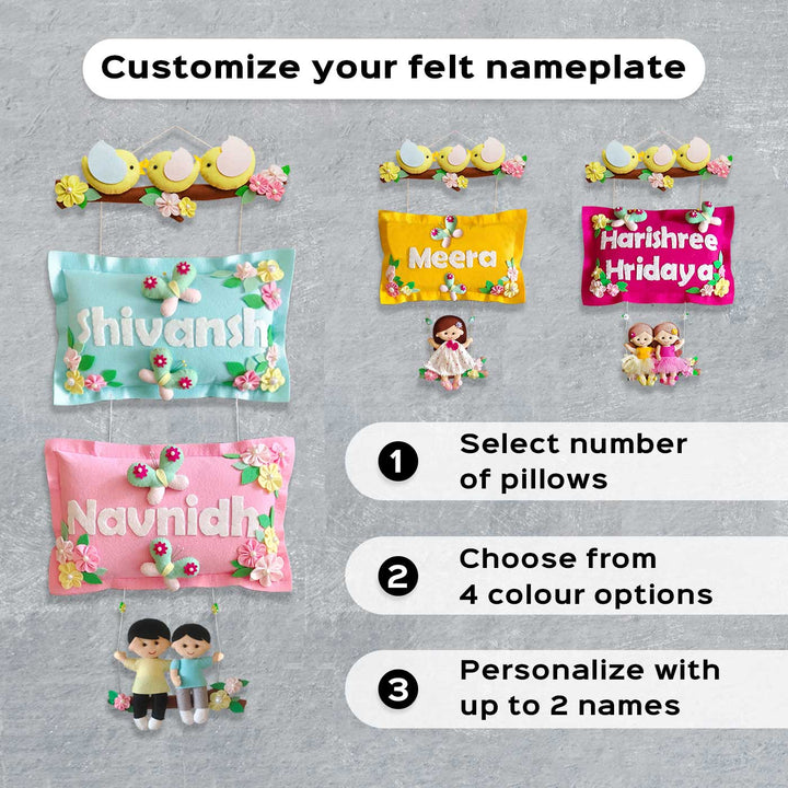 Hand-stitched Pillow & Bird Themed Felt Kids Nameplate