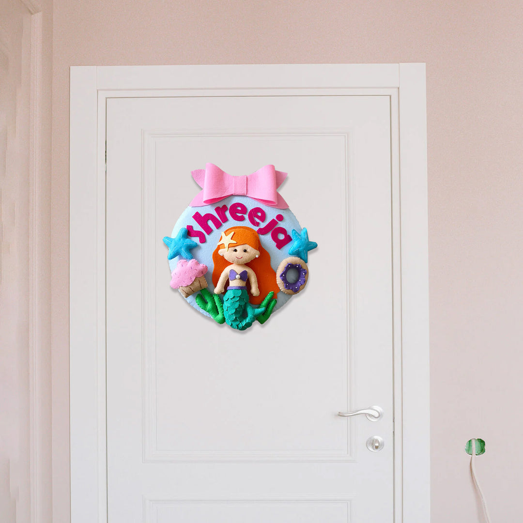 Hand Stitched Mermaid Themed Felt Kids Name Hanging - Hanging on Door Display