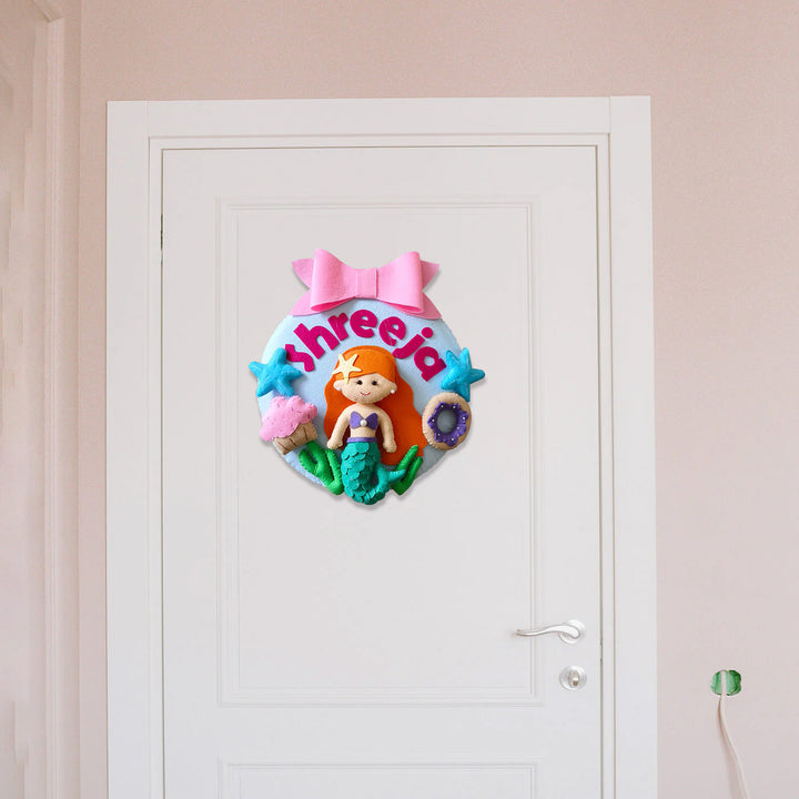 Hand Stitched Mermaid Themed Felt Kids Name Hanging - Hanging on Door Display
