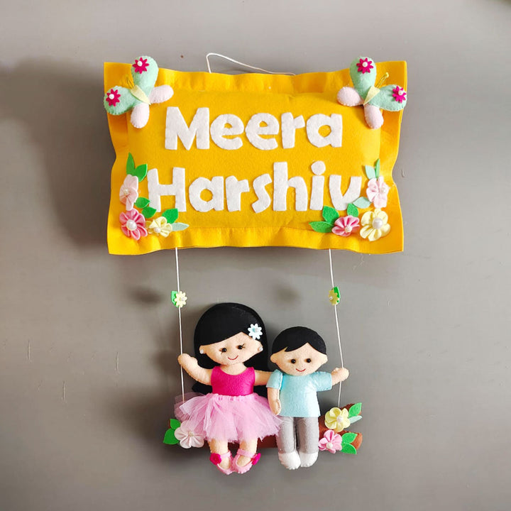 Hand-stitched Pillow & Swing Theme Felt Kids Name Plate for Siblings