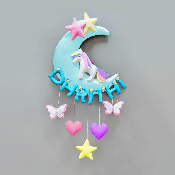 Hand-stitched Unicorn Themed Felt Moon Nameplate with Birthdate