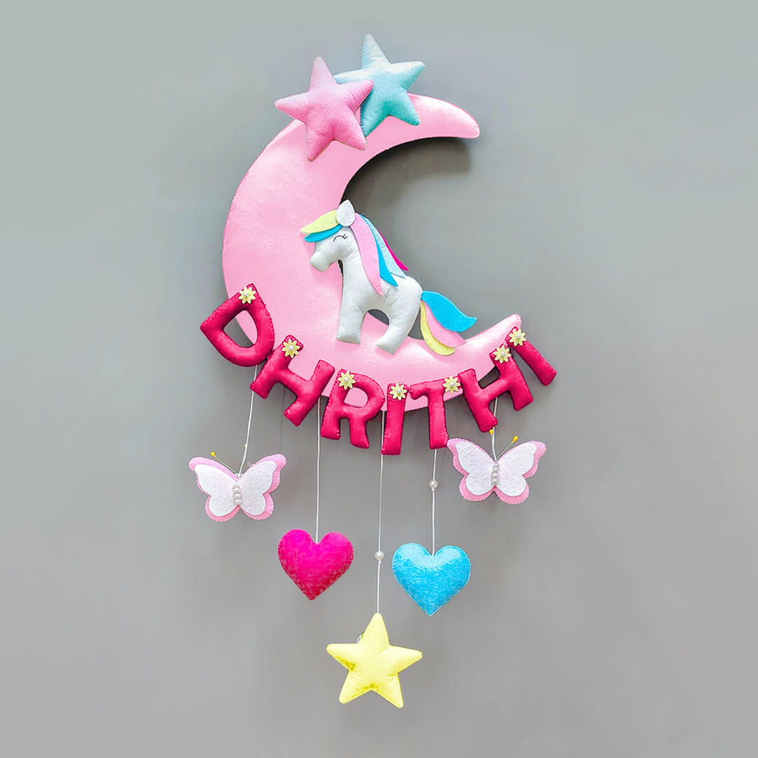 Hand-stitched Unicorn Themed Felt Moon Nameplate with Birthdate