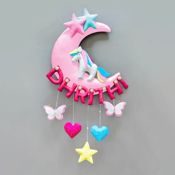 Hand-stitched Unicorn Themed Felt Moon Nameplate with Birthdate