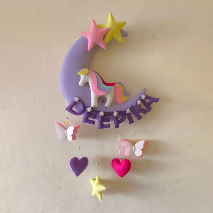 Hand-stitched Unicorn Themed Felt Moon Nameplate with Birthdate