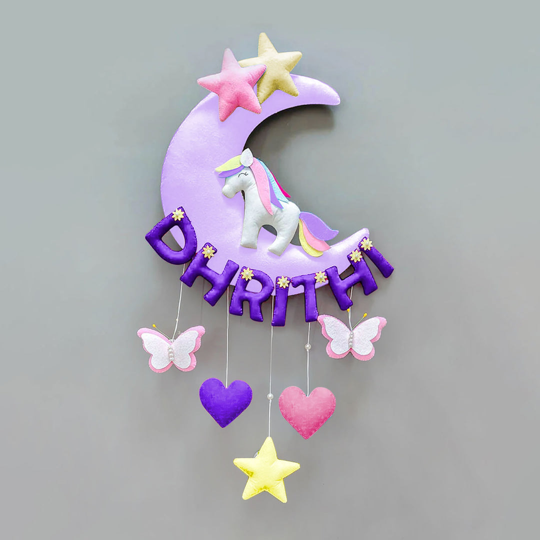 Hand-stitched Unicorn Themed Felt Moon Nameplate with Birthdate