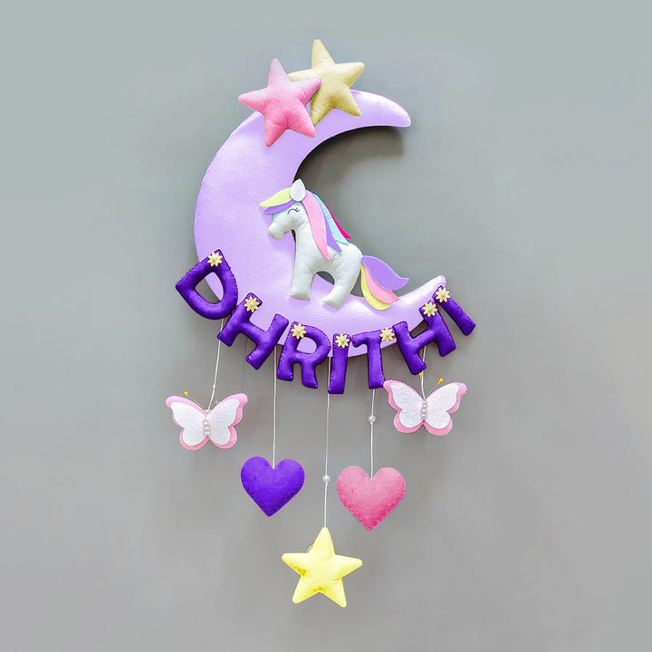 Hand-stitched Unicorn Themed Felt Moon Nameplate with Birthdate