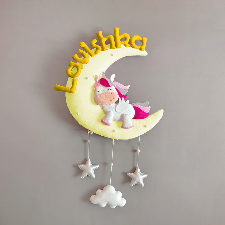 Hand-stitched Cute Unicorn Themed Moon Felt Nameplate