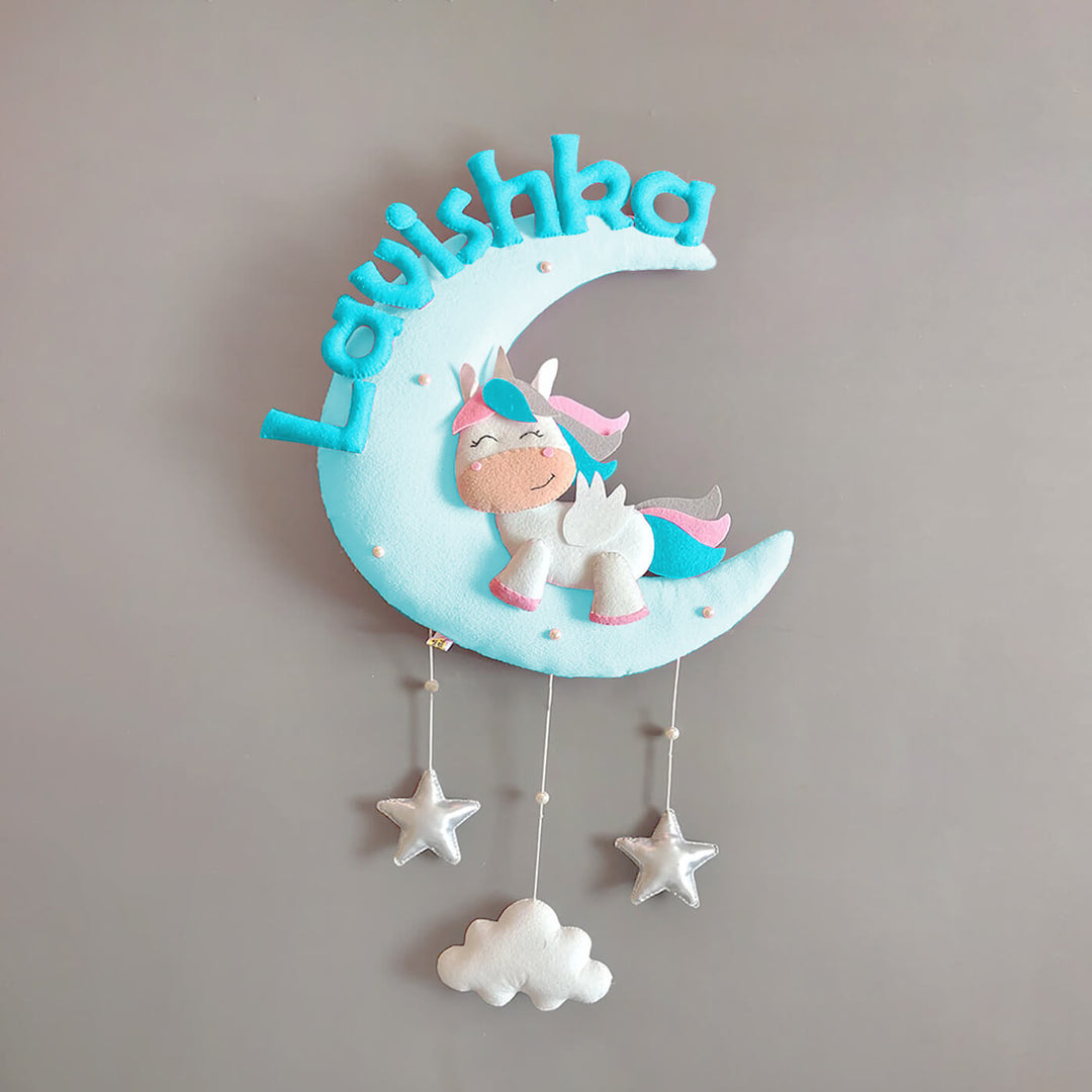 Hand-stitched Cute Unicorn Themed Moon Felt Nameplate