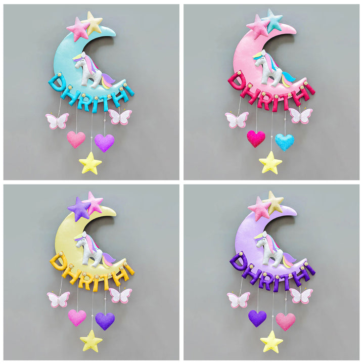 Hand-stitched Unicorn Themed Felt Moon Nameplate with Birthdate