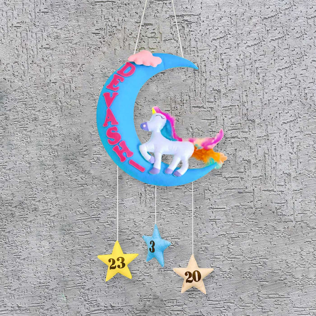 Handmade Unicorn on the Moon Kids Felt Name Hanging with Birthdate