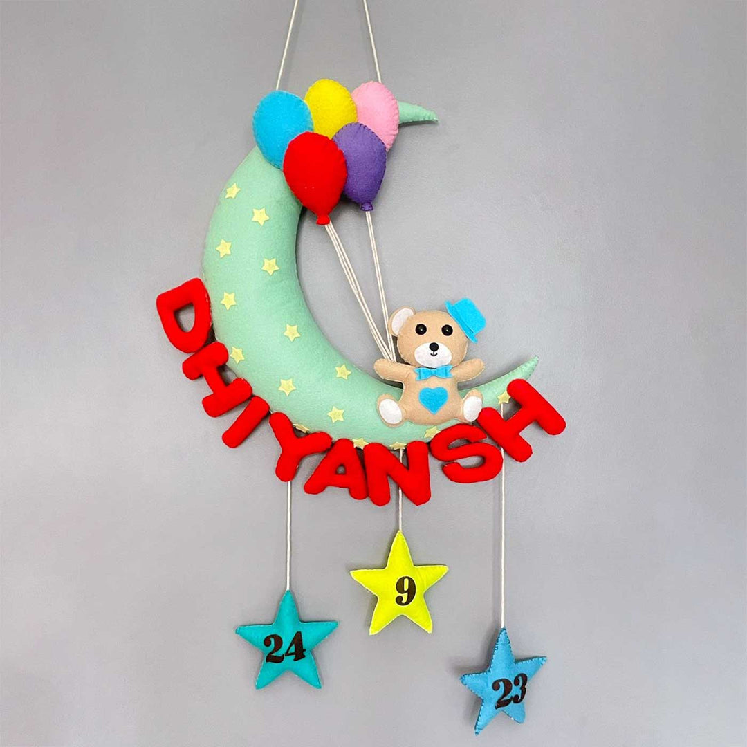 Handmade Teddy on the Star Pattern Moon Kids Felt Name Hanging with Birthdate