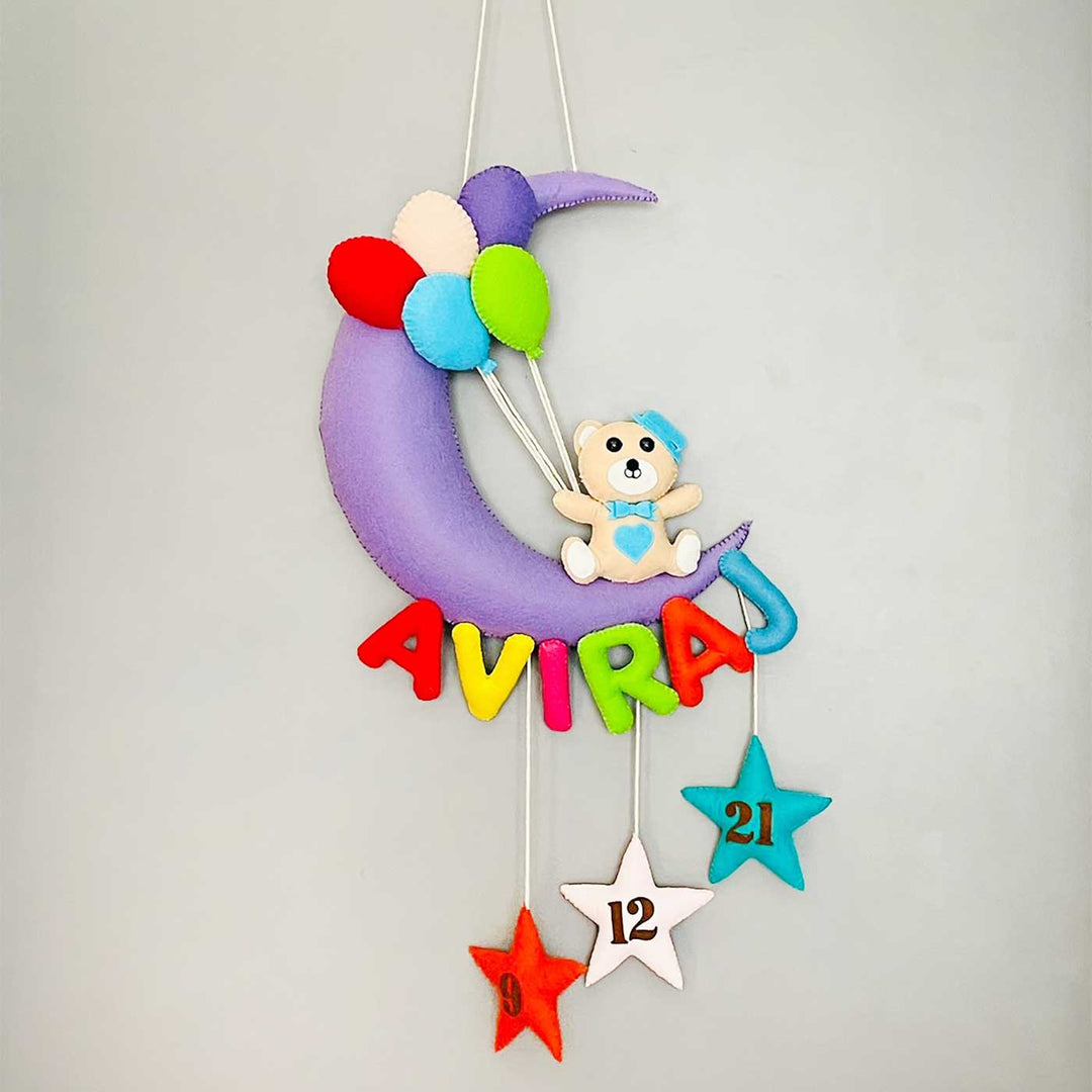 Handmade Teddy on the Moon Kids Felt Name Hanging with Birthdate