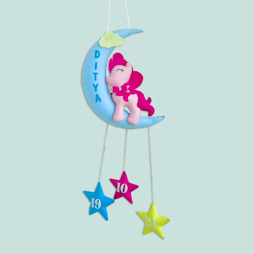 Handmade Pony on the Moon Kids Felt Name Hanging with Birthdate