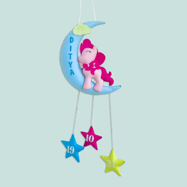 Handmade Pony on the Moon Kids Felt Name Hanging with Birthdate
