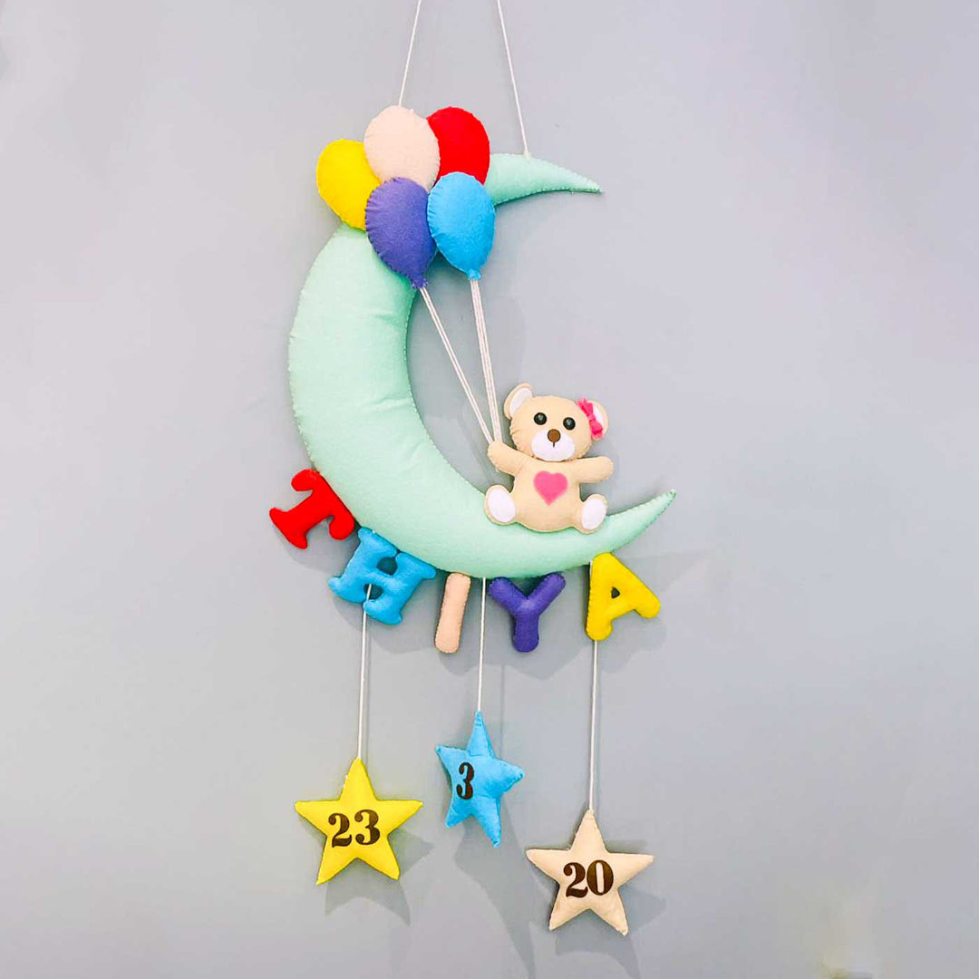 Handmade Teddy on the Moon Kids Felt Name Hanging with Birthdate