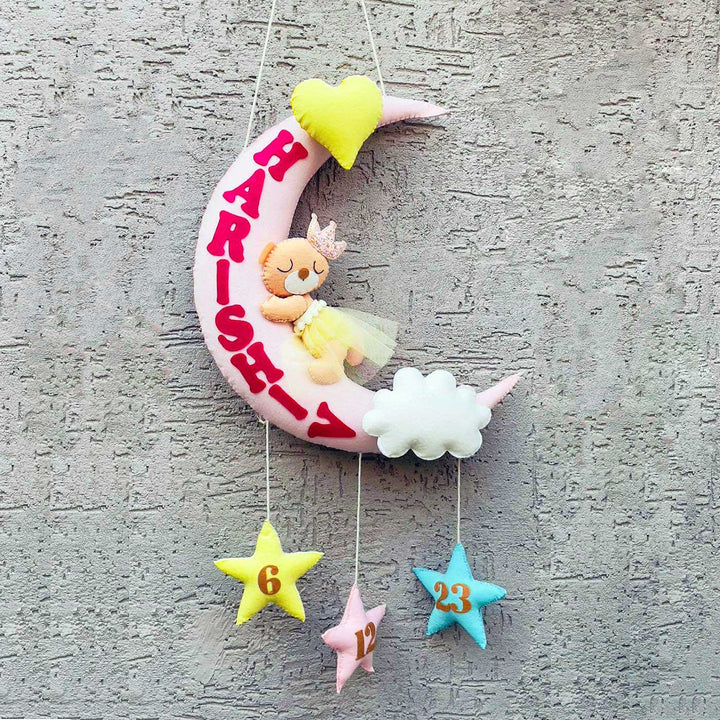 Handmade Sleeping Teddy on a Moon Kids Felt Name Hanging with Birthdate