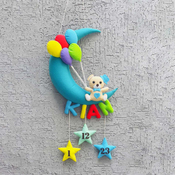 Handmade Teddy on the Moon Kids Felt Name Hanging with Birthdate