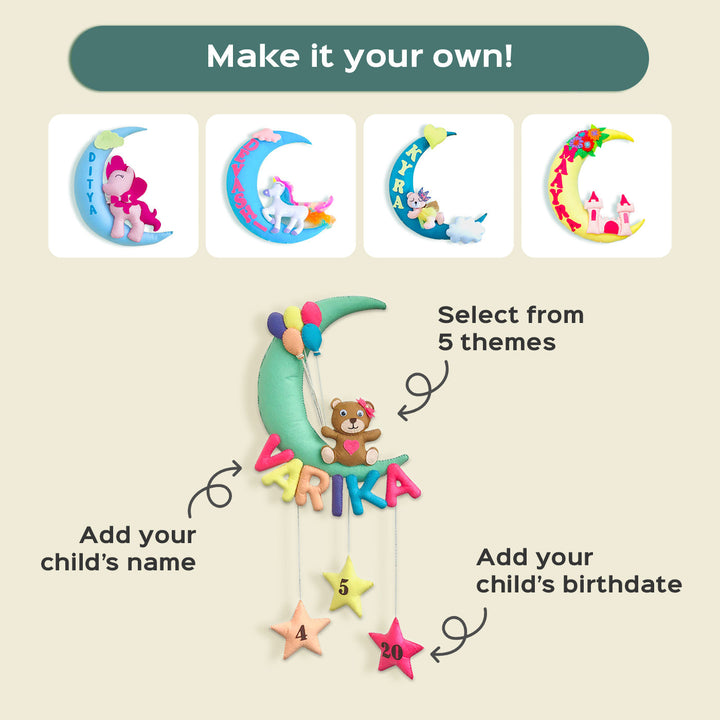 Handmade Pony on the Moon Kids Felt Name Hanging with Birthdate