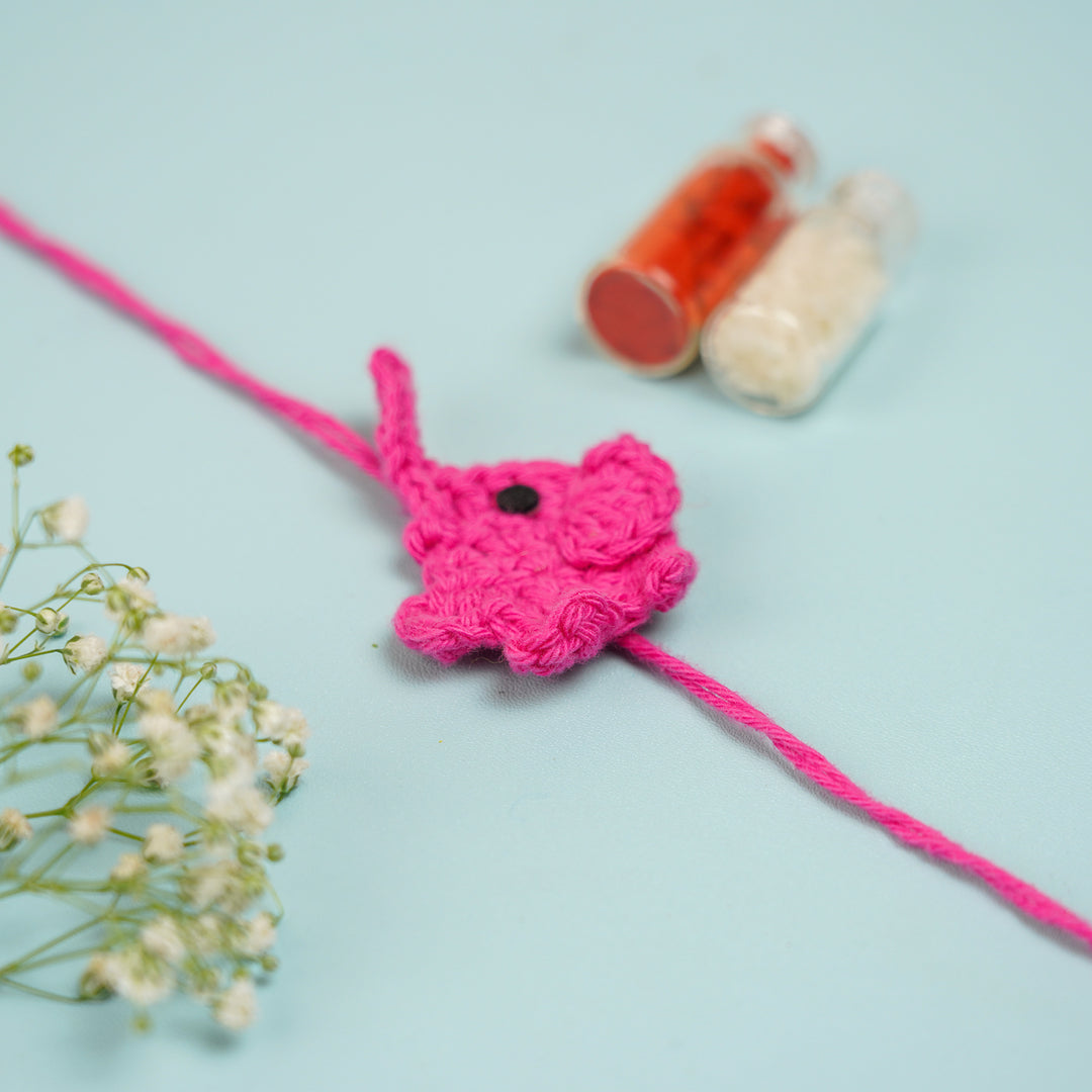 Customized Handmade Crochet Elephant Theme Rakhi With Roli Chawal - Pink Rakhi with Roli Chawal
