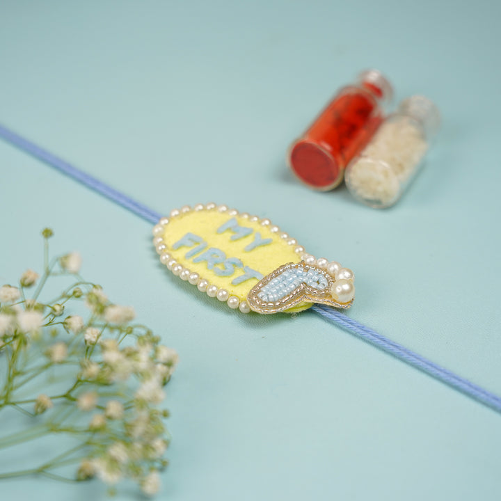 Customized Handmade Beaded My First Rakhi With Roli Chawal For Newborns