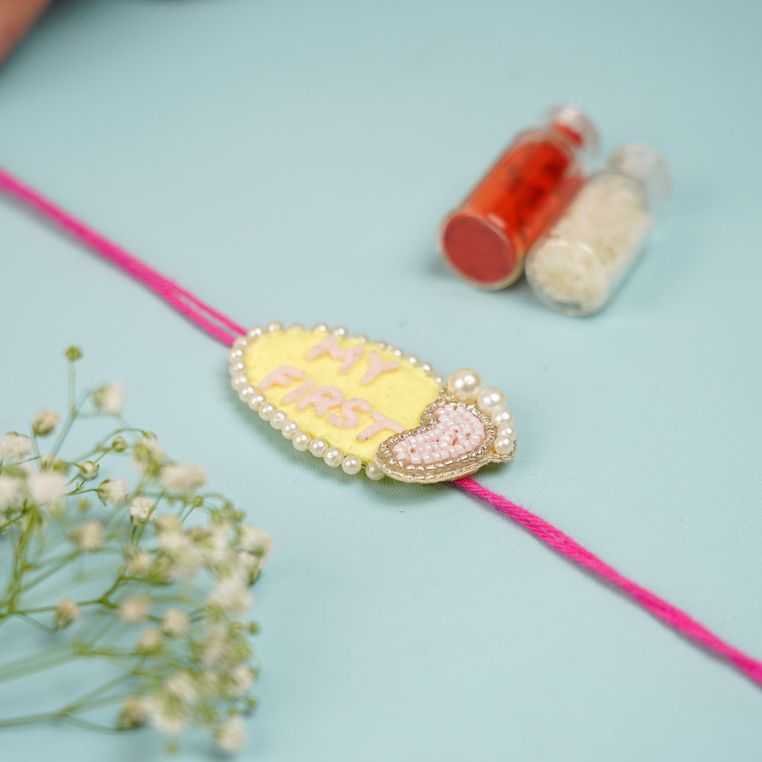 Customized Handmade Beaded My First Rakhi With Roli Chawal For Newborns