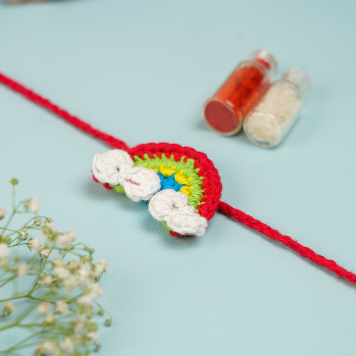 Handmade Crochet Rainbow Rakhi With Roli Chawal - Rakhi Thread with Roli and Chawal
