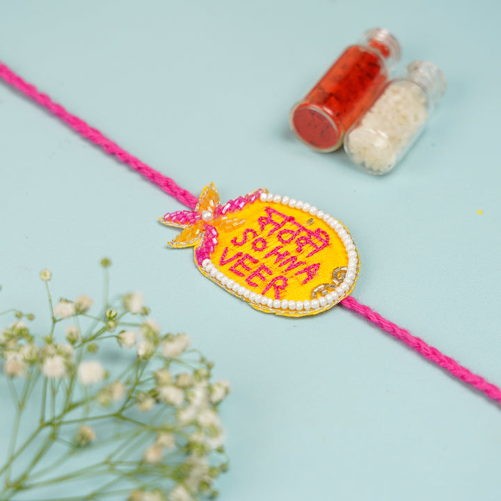 Handmade Beaded Sabse Sona Bhaiya Bhabhi Rakhi With Roli Chawal - Single Pendant with Decorative Bottles