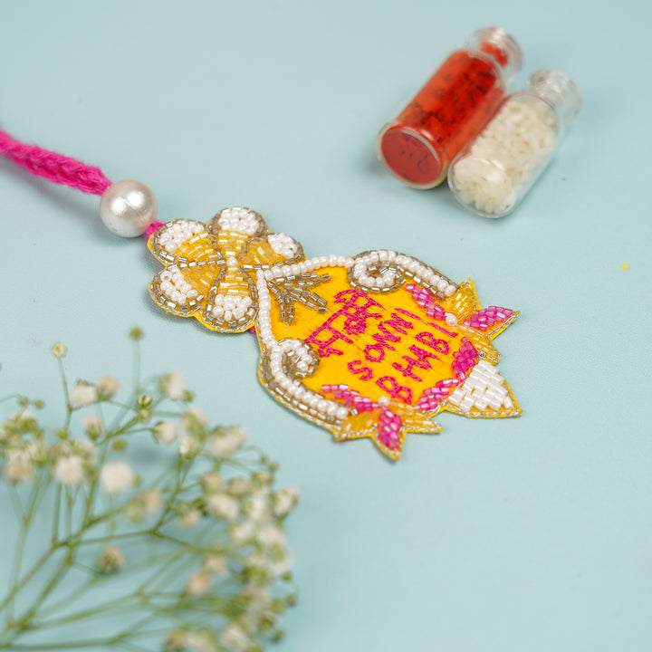 Handmade Beaded Sabse Sona Bhaiya Bhabhi Rakhi With Roli Chawal - Beaded Pendant with Decorative Bottles