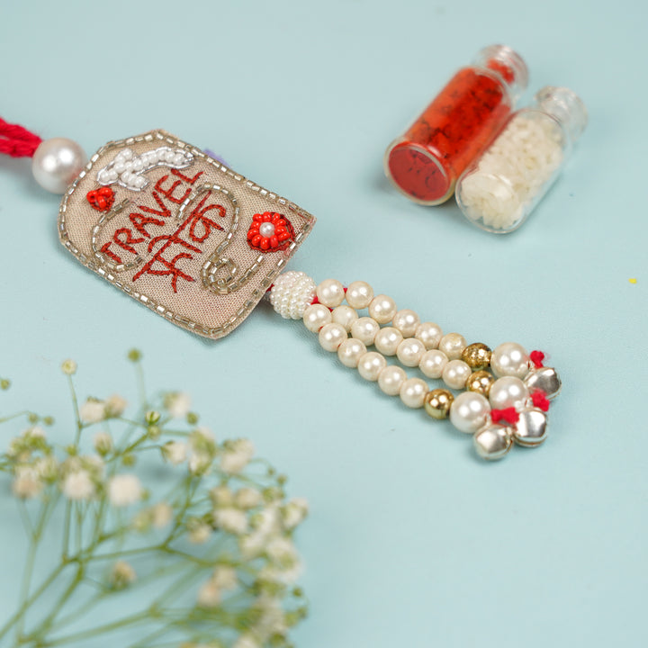 Handmade Beaded Travel Freak Bhaiya Bhabhi Rakhi With Roli Chawal - Side Angle with Decoration