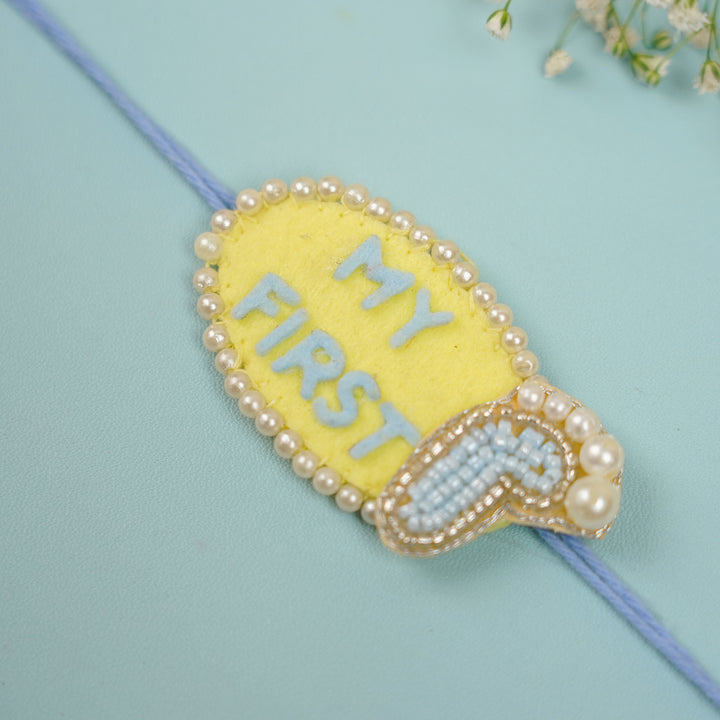 Customized Handmade Beaded My First Rakhi With Roli Chawal For Newborns
