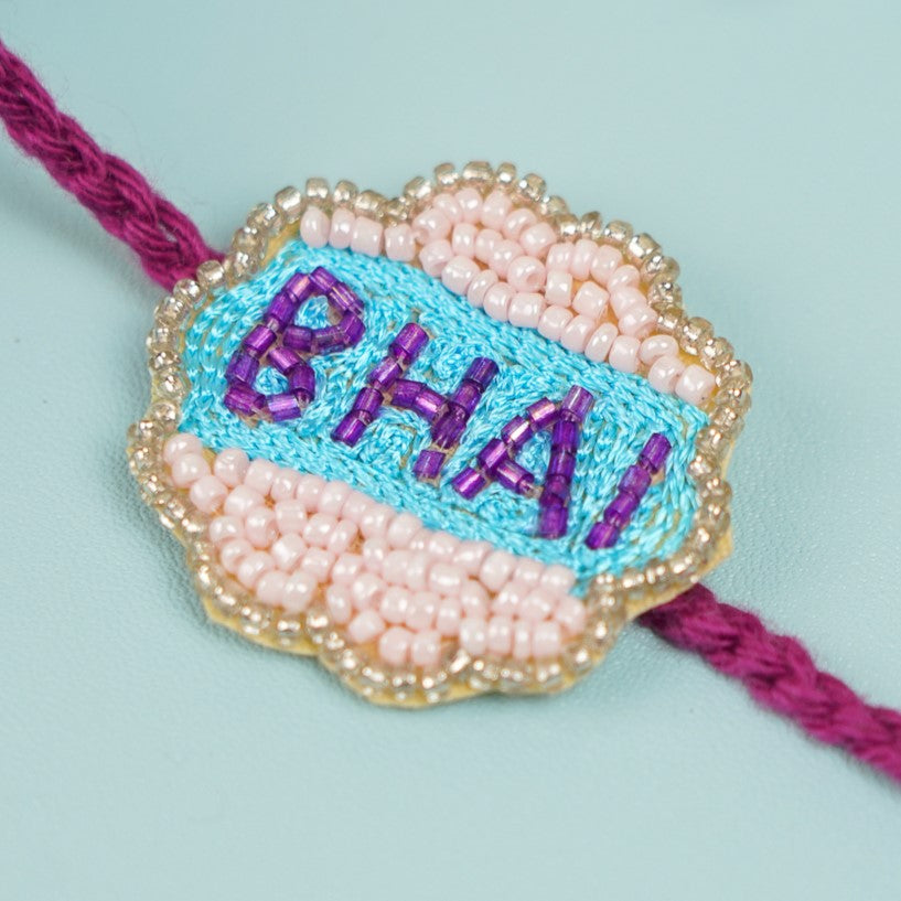 Customized Handmade Beaded Bhai Rakhi With Roli Chawal For Brother - Close-up of Rakhi beadwork