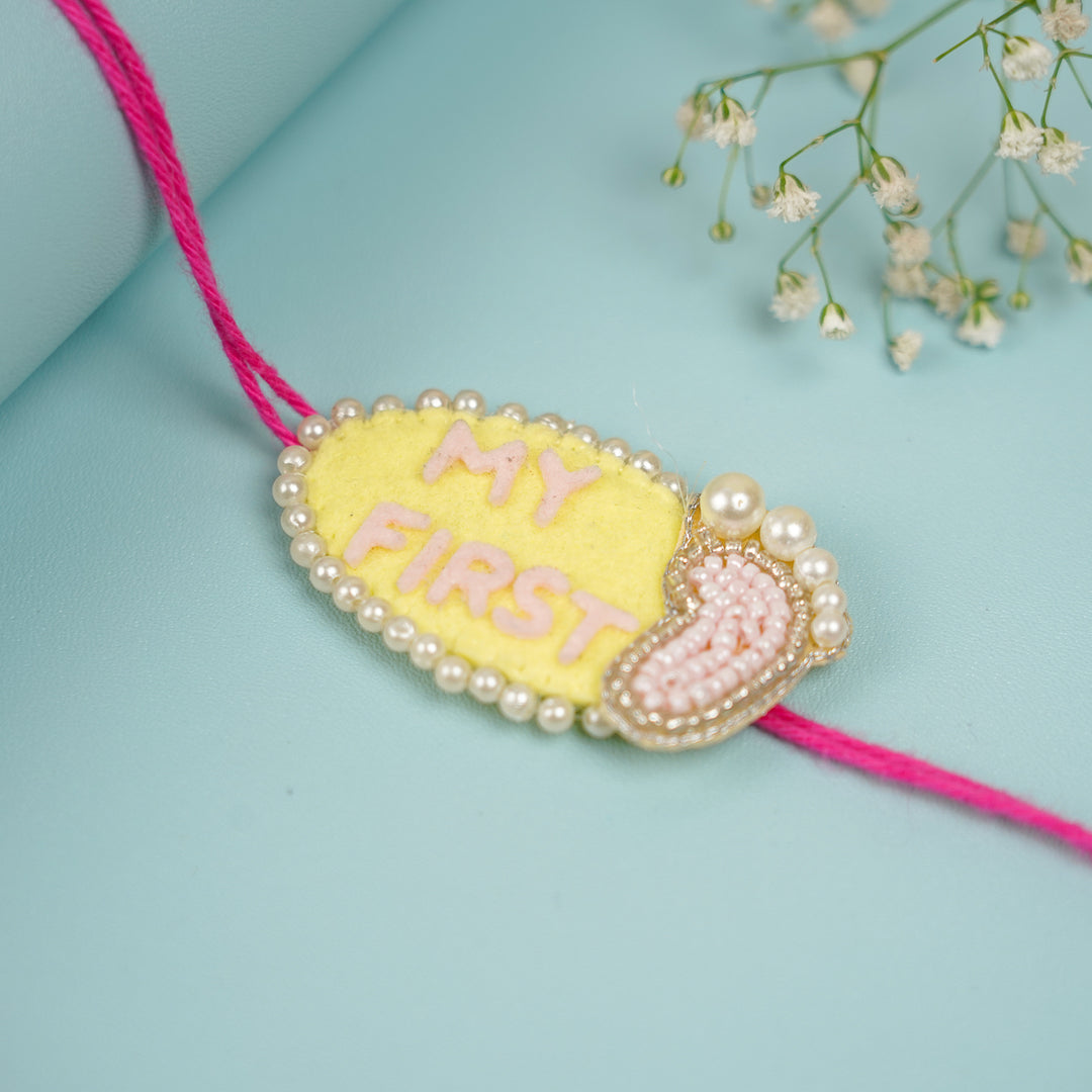 Customized Handmade Beaded My First Rakhi With Roli Chawal For Newborns