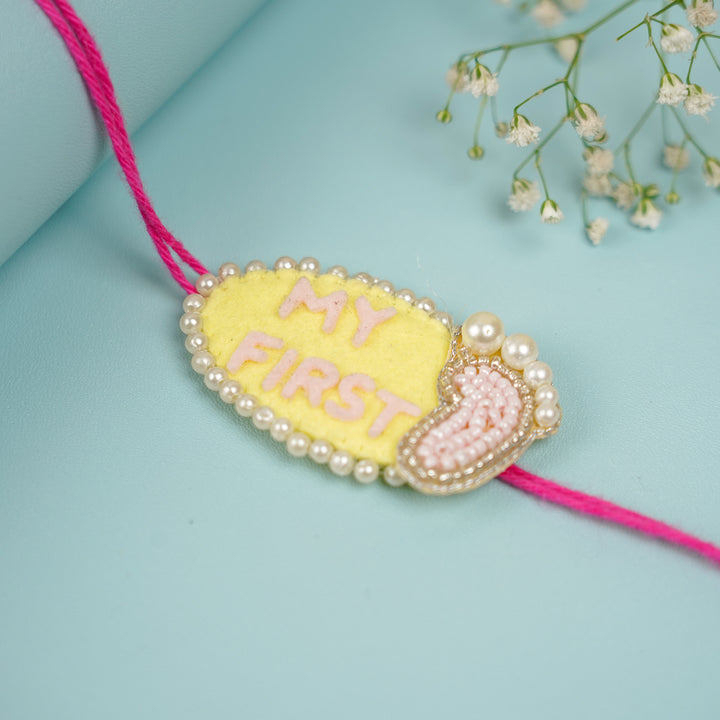 Customized Handmade Beaded My First Rakhi With Roli Chawal For Newborns