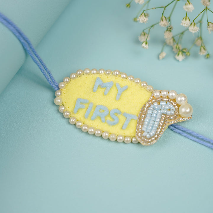 Customized Handmade Beaded My First Rakhi With Roli Chawal For Newborns
