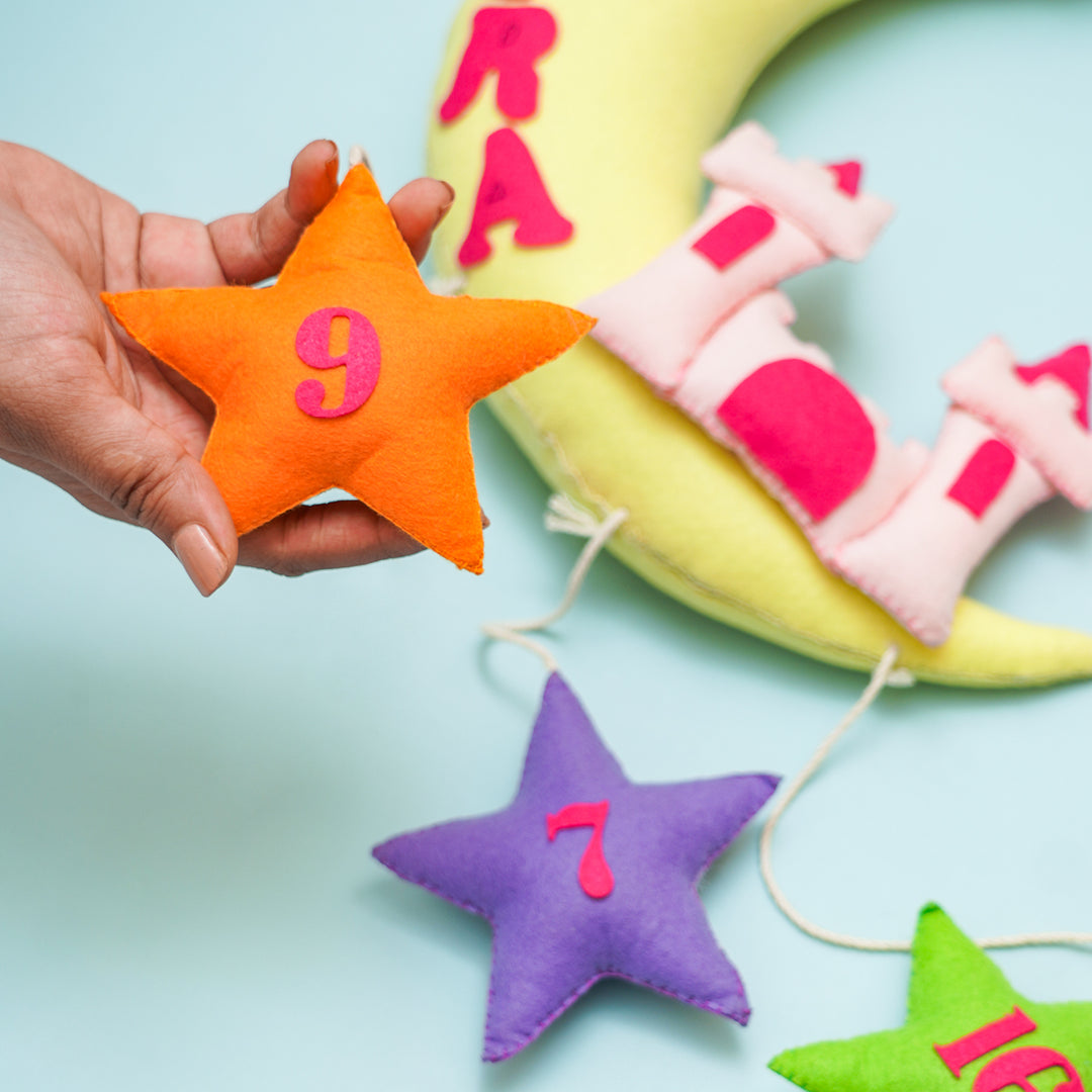 Handmade Castle On The Moon Kids Felt Name Hanging With Birthdate 1 - Hand Holding Plush Star Detail