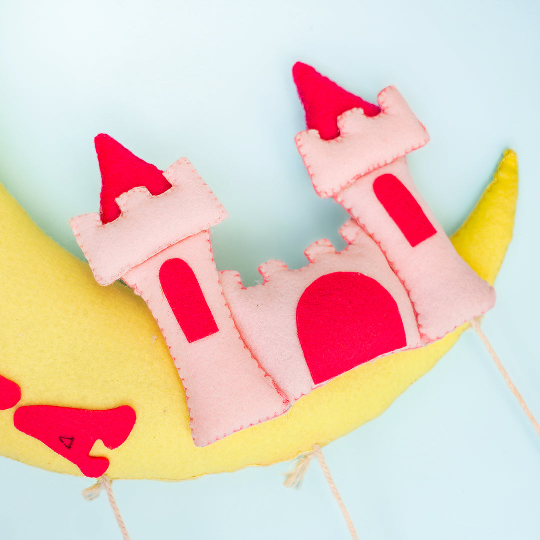 Handmade Castle On The Moon Kids Felt Name Hanging With Birthdate 1 - Front View on Curved Base