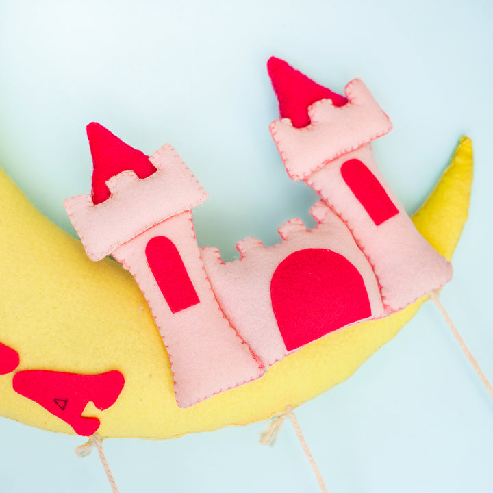 Handmade Castle On The Moon Kids Felt Name Hanging With Birthdate 1 - Front View on Curved Base