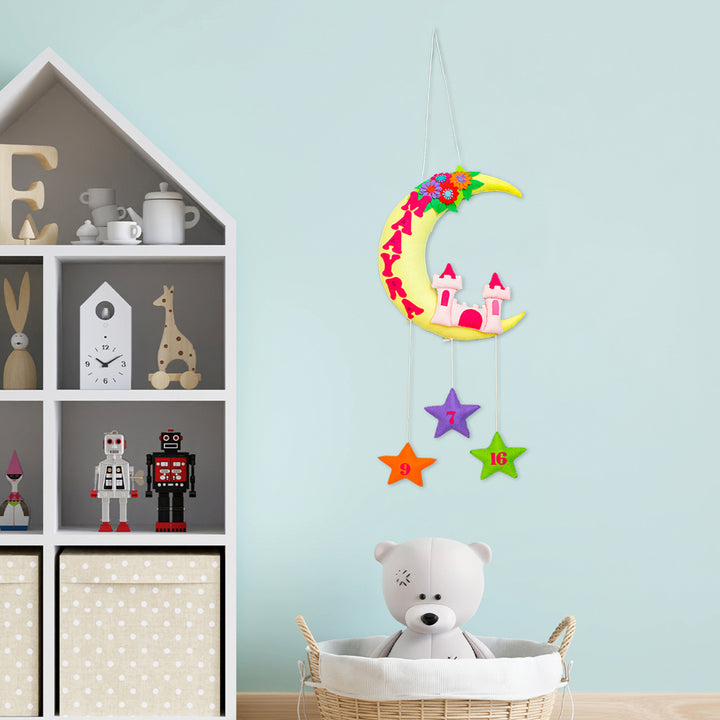 Handmade Castle On The Moon Kids Felt Name Hanging With Birthdate 1 - Hanging on Nursery Wall Display