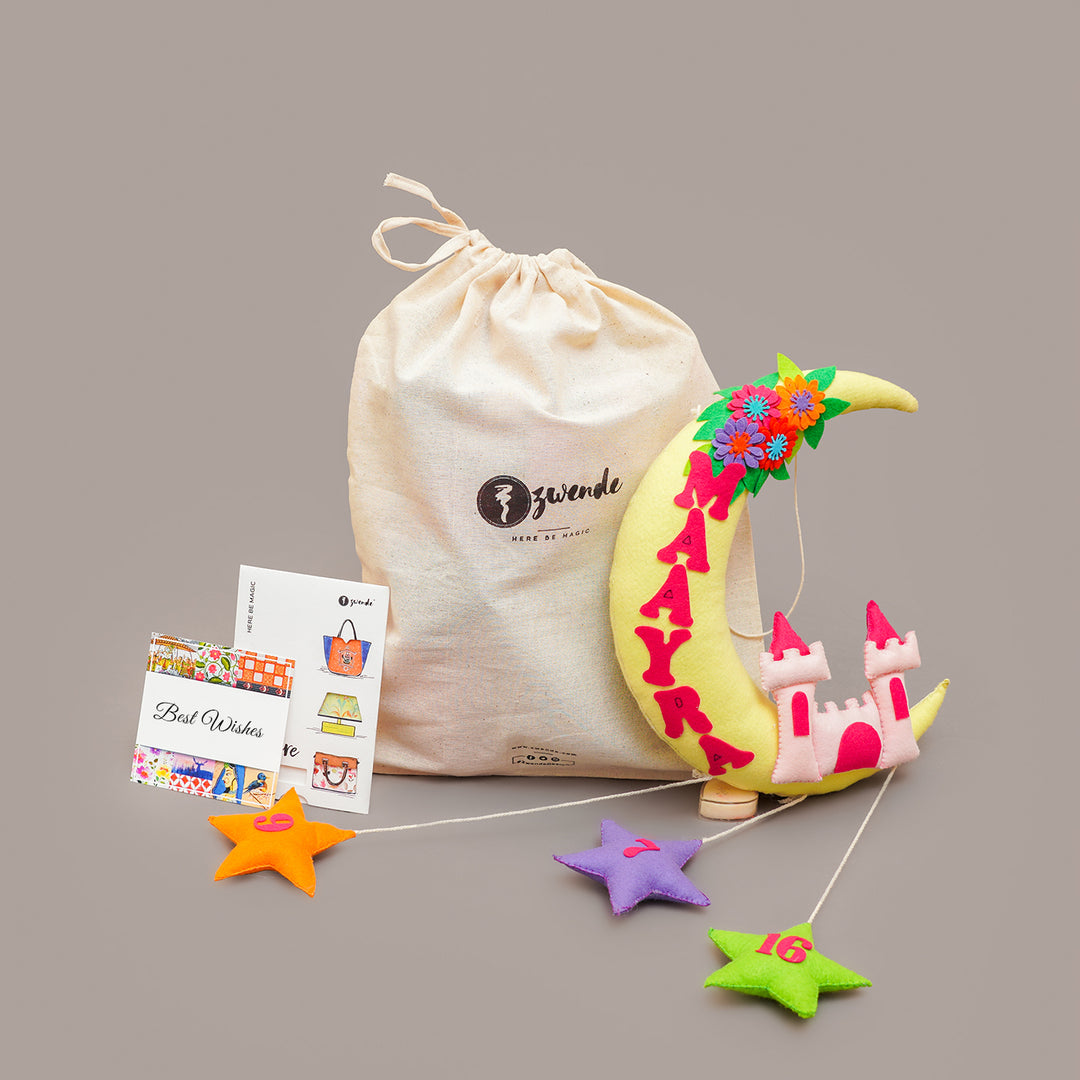 Handmade Personalized Superhero Themed Felt Kids Name Hanging - Product with Drawstring Bag Packaging